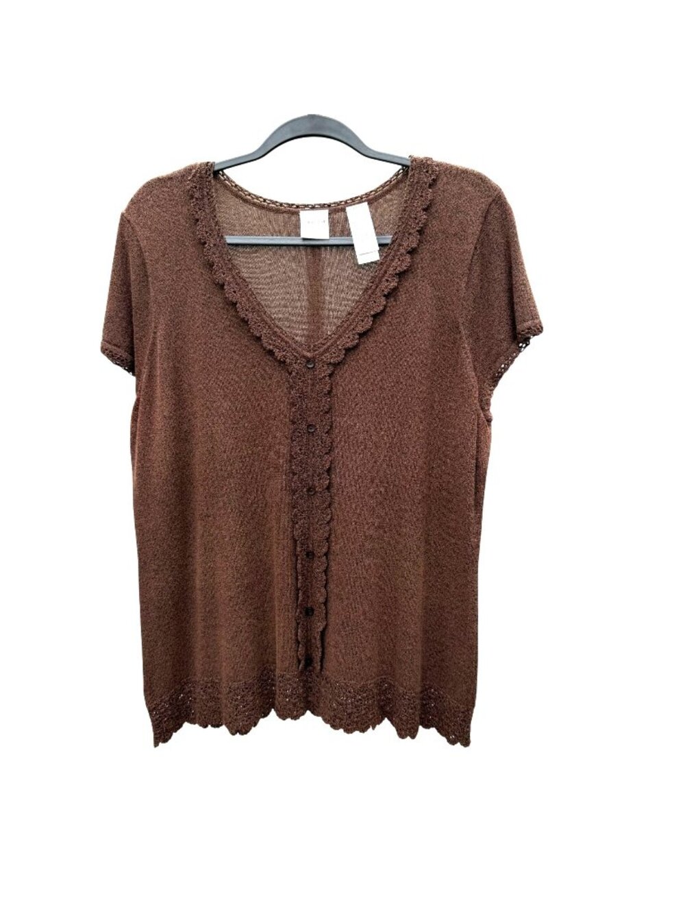 Emma & James Sweater XL Womens Brown Crochet Lace Trim VNeck Button Short Sleeve